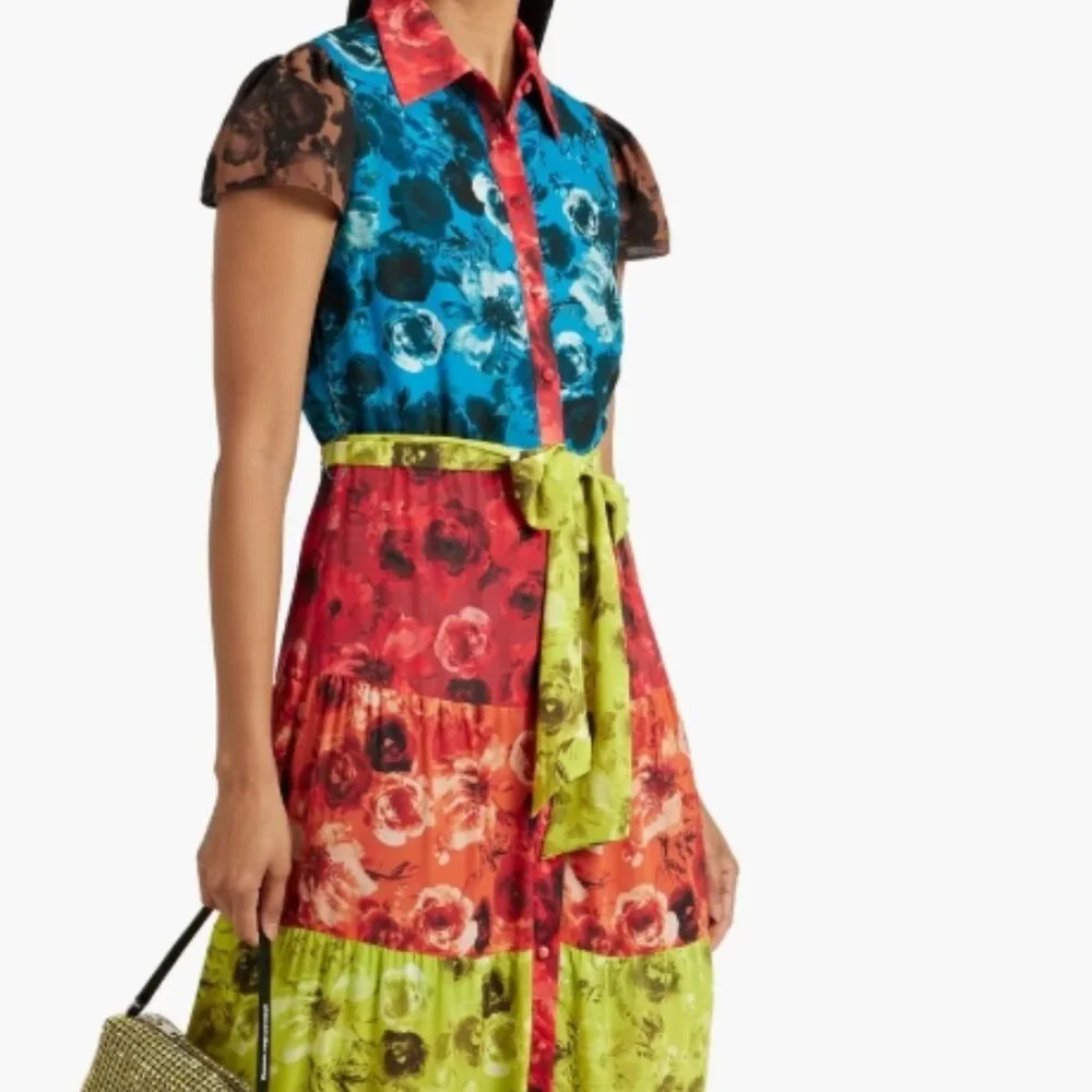 NWT ALICE + OLIVIA Miranda Tiered Maxi Shirt Dress Floral Multi Collared M $595